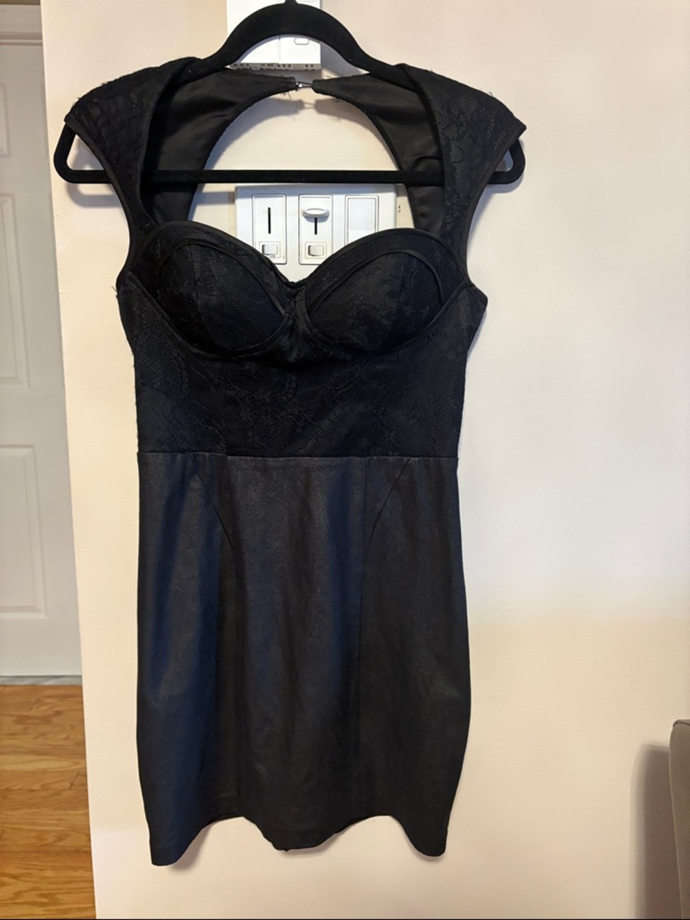 Guess Black Lace & Faux Leather Mini Dress